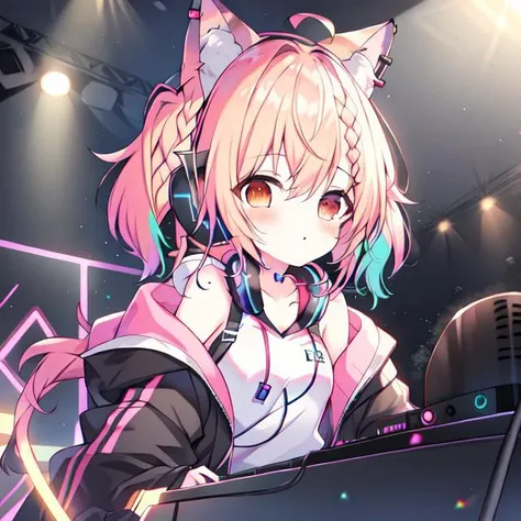 {{braid}}, <lora:DJ_Girls:1>, headphones, headphones, dj booth, dj, stage, short hair, twintails,