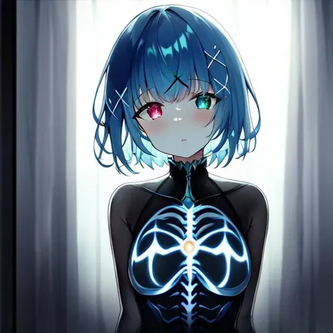 Masterpiece,absurd resolution,high quality,8k, TranslucentVisibility, 1girl, looking at viewer, parted lips, short hair, heterochromia, multicolored hair, lab, computer screens, laboratory, hologram, x-ray, see-through body, translucent skin, skeleton, glowing skin, chiaroscuro, depth of field, science fiction, <lora:translucent_SD:0.8>