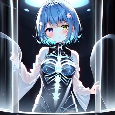 Masterpiece,absurd resolution,high quality,8k, TranslucentVisibility, 1girl, looking at viewer, parted lips, short hair, heterochromia, multicolored hair, lab, computer screens, laboratory, hologram, x-ray, see-through body, translucent skin, skeleton, glowing skin, chiaroscuro, depth of field, science fiction, <lora:translucent_SD:0.8>