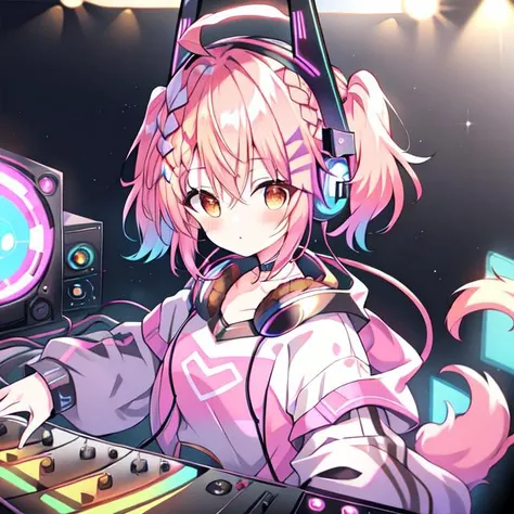 {{braid}}, <lora:DJ_Girls:1>, headphones, headphones, dj booth, dj, stage, short hair, twintails,
