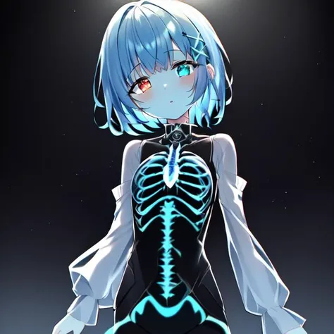 Masterpiece,absurd resolution,high quality,8k, TranslucentVisibility, 1girl, looking at viewer, parted lips, short hair, heterochromia, multicolored hair, lab, computer screens, laboratory, hologram, x-ray, see-through body, translucent skin, skeleton, glowing skin, chiaroscuro, depth of field, science fiction, <lora:translucent_SD:0.8>