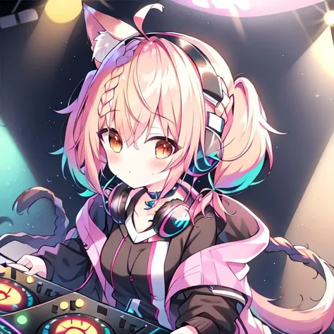 {{braid}}, <lora:DJ_Girls:1>, headphones, headphones, dj booth, dj, stage, short hair, twintails,