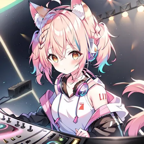 {{braid}}, <lora:DJ_Girls:1>, headphones, headphones, dj booth, dj, stage, short hair, twintails,