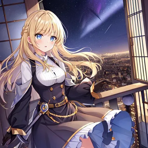 1girl, aurora, balcony, bangs, black_gloves, blonde_hair, blue_eyes, braid, building, city, city_lights, cityscape, clock_tower, cloud, constellation, earth_\(planet\), eyebrows_visible_through_hair, galaxy, gloves, holding, jacket, light_particles, long_sleeves, looking_at_viewer, milky_way, moon, moonlight, night, night_sky, planet, shooting_star, skirt, sky, solo, space, space_craft, star_\(sky\), starry_sky, starry_sky_print, telescope, window