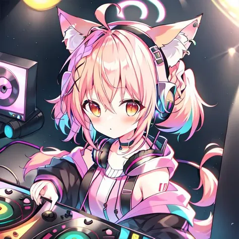{{braid}}, <lora:DJ_Girls:1>, headphones, headphones, dj booth, dj, stage, short hair, twintails,