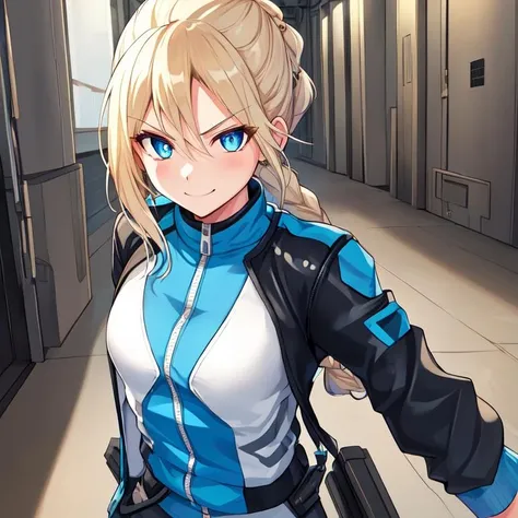 {1girl}, determined, biker jacket, casual pants,  masterpiece, smirking, perfect detailed on hands, illustration, beautiful-detailed eyes,  {{cinematic light}}, ultra detailed, {medium hair},  {katana}, hallway, small breasts, blonde hair with highlights, futuristic city, industrial, monitors, open area,}}} from front, eye focus, determined, determined look, {glowing blue eyes}, braided ponytail,