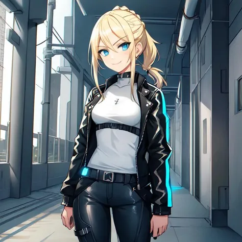 {1girl}, determined, biker jacket, casual pants,  masterpiece, smirking, perfect detailed on hands, illustration, beautiful-detailed eyes,  {{cinematic light}}, ultra detailed, {medium hair},  {katana}, hallway, small breasts, blonde hair with highlights, futuristic city, industrial, monitors, open area,}}} from front, eye focus, determined, determined look, {glowing blue eyes}, braided ponytail,