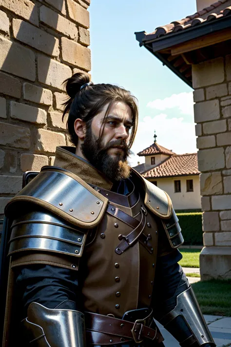 ((ultra detailed, masterpiece, absurdres))
 <lora:PArnaud:0.9>
PArnaud, 1boy, solo, brown hair, brown eyes, beard, hair bun, armor, portrait, Castle courtyard bathed in golden sunlight, intricate stone walls, dynamic lighting, knights in armor training, banners fluttering