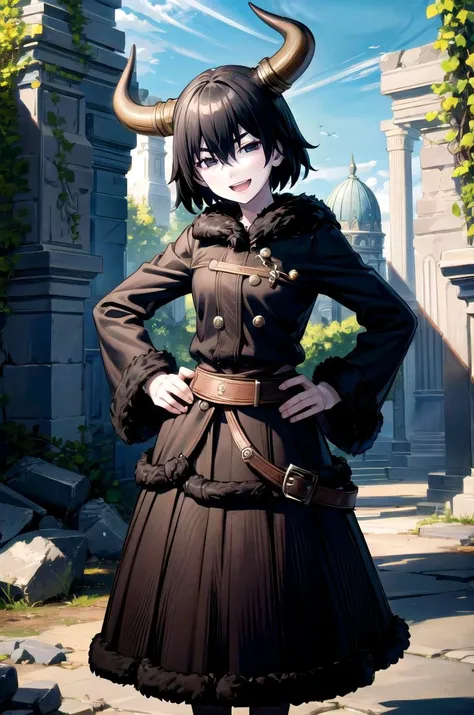(masterpiece, best quality, detailed), 1girl, solo, looking at viewer, ougioshino, short hair, bangs, black hair, hair between eyes, black eyes, bob cut, pale skin, empty eyes,
<lora:AncientVikings:0.9>, ancient viking, viking helmet, horned helmet, fur trim, helmet, ruins, overgrown, rubble, pillar, outdoors, building, light rays, fog, hands on hips, smile, open mouth, v-shaped eyebrows