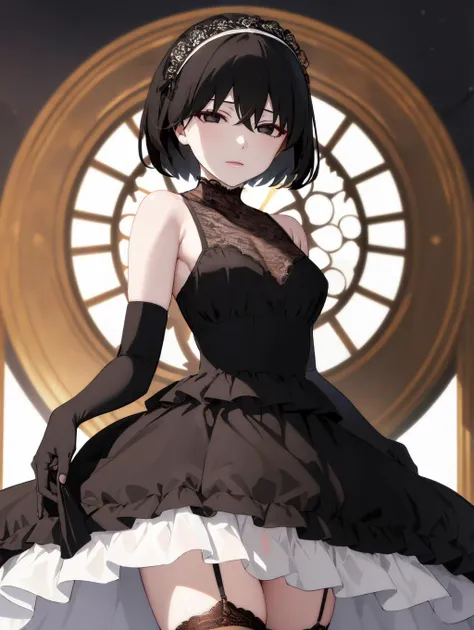 <lora:bleachRukia_v10:1>,anime screencap, forest,path, 1girl, solo, hand on hip, short hair, black hair, purple eyes, hair between eyes, cowboy shot, (long completely black wedding dress:1.4), black shoes, ((holding a rose boquet)), (best quality), (ultra-detailed), (best illustration), (best shadow), masterpiece, high res, (solo, 1girl), smug smile, furrowed eyebrows, crying, dark bedroom, big breasts, standing next to an altar in a church, congregation in the background, black hair, purple eyes, (low angle view), mob cap