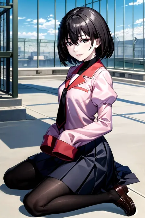 (masterpiece, best quality, detailed), 1girl, solo, looking at viewer, ougioshino, short hair, bangs, black hair, hair between eyes, black eyes, bob cut, pale skin, empty eyes, skirt, long sleeves, school uniform, pantyhose, pleated skirt, necktie, puffy sleeves, black skirt, sleeves past wrists, black pantyhose, turtleneck, juliet sleeves, black necktie, sleeves past fingers, pink shirt, naoetsu high school uniform, black undershirt, <lora:school_rooftop_v0.1:1>, school rooftop, chain-link fence, fence, fisheye, seiza, from side, parted lips, smile
