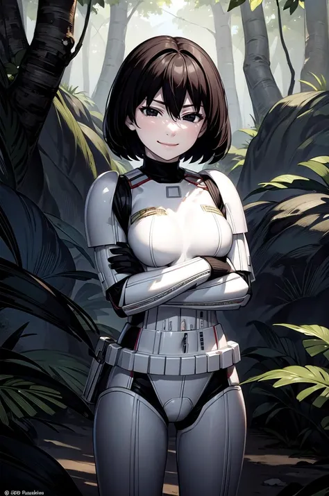 (masterpiece, best quality, detailed), 1girl, solo, looking at viewer, <lora:oshino-ougi-v1:0.9>, ougioshino, short hair, bangs, black hair, hair between eyes, black eyes, bob cut, pale skin, empty eyes, <lora:StormTrooper:1>, stormtrooper, armor, jungle, nature, vines, moss, fern, tropical, dappled sunlight, parrot, dirty, crossed arms, breast hold, arms under breasts, smile, closed mouth, smug