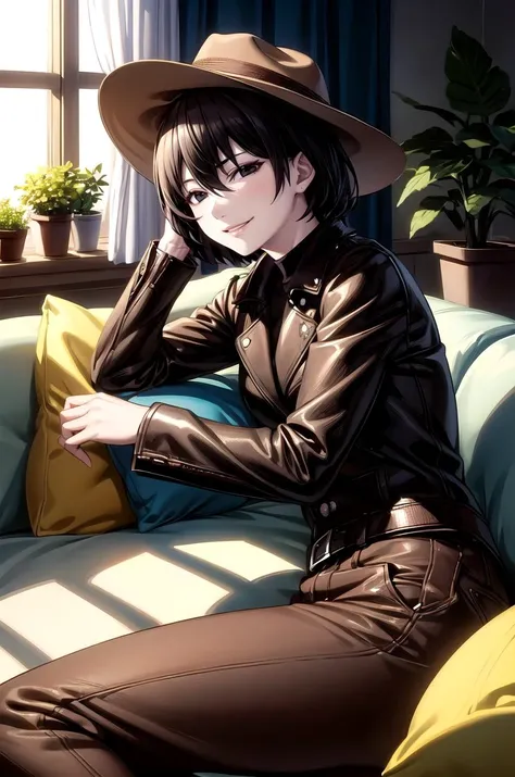 (masterpiece, best quality, detailed), 1girl, solo, looking at viewer, ougioshino, short hair, bangs, black hair, hair between eyes, black eyes, bob cut, pale skin, empty eyes,
fedora, brown headwear, brown pants, black belt, cowboy hat, brown jacket, leather jacket, indiana jones, white shirt, satchel, indoors, couch, pillow, window, curtains, potted plant, lying, on side, head rest, smirk, smile, parted lips
