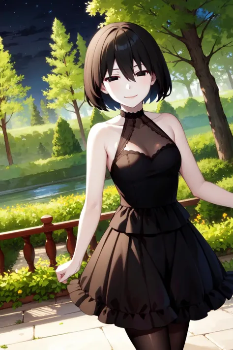 An anime girl wearing a tight black beans sitting on a bench