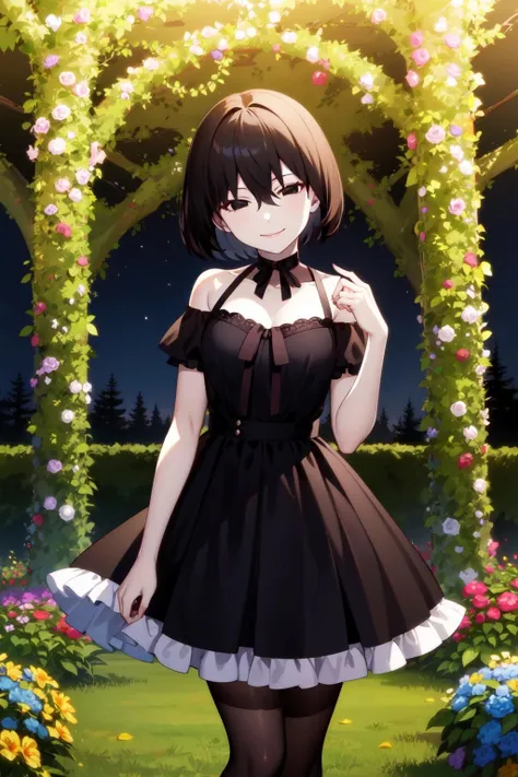 (masterpiece, best quality, ultra-detailed), (illustration), (beautiful detailed eyes), (1girl), (solo), mifune shioriko, short hair, dark green hair, ribbon, red eyes, <lora:ShiorikoLL_v1.1:0.65>, dress, from behind, cowboy shot, outdoors, greenary, depth of field, <lora:add_detail:0.4>