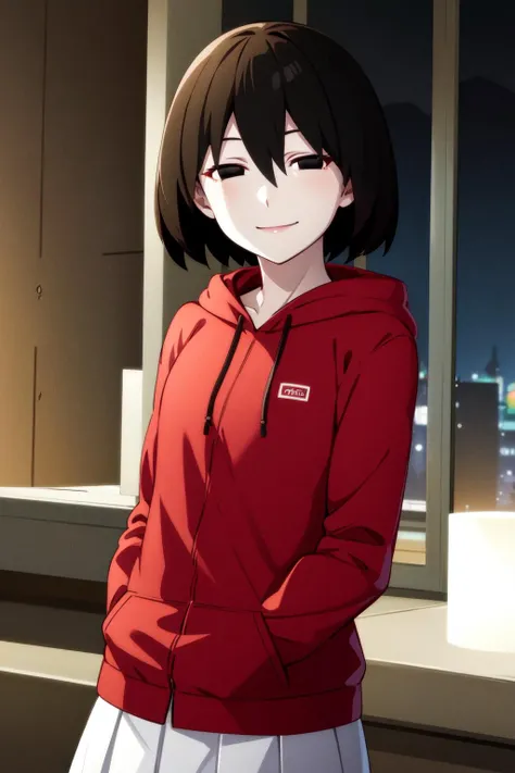 (night, dim lighting)
ougioshino, 1girl, solo, looking at viewer, smile, short hair, bangs, black hair, hair between eyes, black eyes, bob cut, pale skin, oshino ougi, empty eyes,
red hoodie , white skirt
<lora:oshino-ougi-v1:0.9>