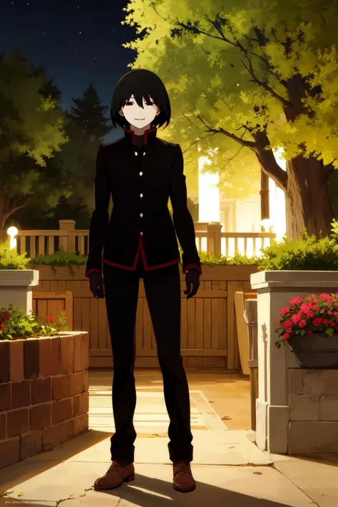 (night, dim lighting),
ougioshino, 1girl, solo, looking at viewer, smile, short hair, bangs, black hair, hair between eyes, black eyes, bob cut, pale skin, oshino ougi, empty eyes,
gloves, long sleeves, shoes, black gloves, black jacket, buttons, black pants, gakuran,
cowboy shot, garden, trees,
<lora:oshino-ougi-v1:0.9>