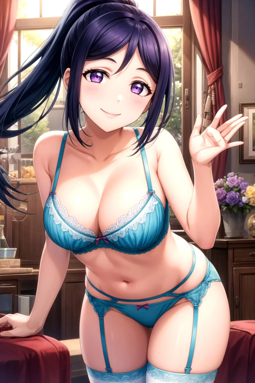 (masterpiece, best quality, ultra-detailed), (illustration), (beautiful detailed eyes), (1girl), (solo), matsuura kanan, blue hair, purple eyes, high ponytail, <lora:KananV2:0.6>, BREAK indoors, BREAK underwear, bra, panties, garter, stockings, looking at viewer, cowboy shot, smile, <lora:add_detail:0.4>, better hands, perfect hands, five fingers