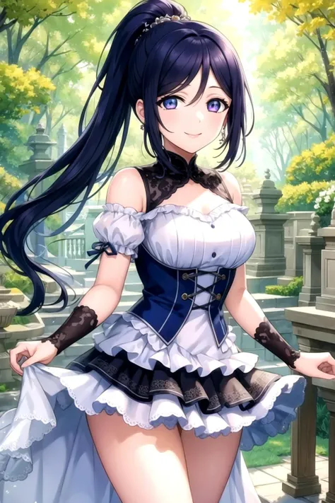 (masterpiece, best quality, ultra-detailed), (illustration), (beautiful detailed eyes), (1girl), (solo), matsura kanan, blue hair, purple eyes, high ponytail, <lora:KananV1:0.45>, outdoors, dress, frills, looking at viewer, cowboy shot, thighs, smile, BREAK (masterpiece:1.2), best quality, high resolution, unity 8k wallpaper, (illustration:0.8), (beautiful detailed eyes:1.6), extremely detailed face,