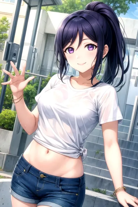 (masterpiece, best quality, ultra-detailed), (illustration), (beautiful detailed eyes), (1girl), (solo), matsuura kanan, blue hair, purple eyes, high ponytail, <lora:KananV2:0.6>, BREAK outdoors, BREAK white t-shirt, stomach, jewelry, denim shorts, wet BREAK looking at viewer, cowboy shot, smile,  <lora:add_detail:0.4>, (better hands, perfect hands, five fingers)