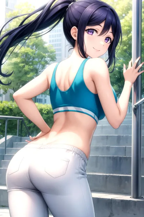 (masterpiece, best quality, ultra-detailed), (illustration), (beautiful detailed eyes), (1girl), (solo), matsuura kanan, blue hair, purple eyes, high ponytail, <lora:KananV2:0.6>, BREAK outdoors, BREAK sportswear, sports bra, white pants, BREAK from behind, back, ass, looking at viewer, cowboy shot, smile,  <lora:add_detail:0.4>, better hands, perfect hands, five fingers
