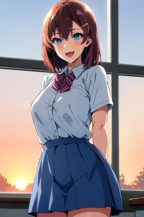 1girl, solo, akane, hairclip, smile, open mouth, white shirt, collared shirt, short sleeves, pleated skirt, cowboy shot, classroom, sunset, window, arms behind back, blue skirt, red bowtie <lora:AkaneNanao-awts-richy-v1_(AkanewaTsumareSomerareru):1> <lora:Takeda-Hiromitsu-1443it-Novae_(Style):0.5>