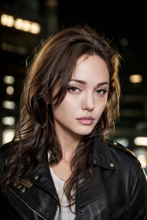 Portrait of anjo as a beautiful female model, georgia fowler, beautiful face, with short dark brown hair, in cyberpunk city at night. She is wearing a leather jacket, black jeans, dramatic lighting, (police badge:1.2) <lora:angelinaJolieLora_viO:1>
