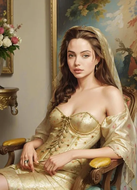 A anjo 18 years old of easy virtue, courtesan, moving in high society, leading a social life and being supported by rich and influential lovers, dressed in an expensive in golden corset, color stockings and a hat with a veil, no panties. anjo sits in an armchair, in a spacious bright room. Highest quality, masterpiece,( full body portrait:1.2). Painted in impressionist style, colorful explosion psychedelic paint colors, brushstroke painting technique, palette knife painting, an expressive oil painting, painting in the style of Pierre Carrier-Belleuse, large strokes 
 <lora:AngelinaJoliev1:1>