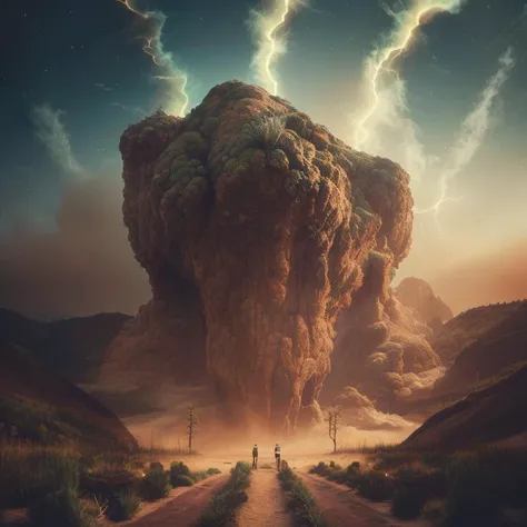 (ecovault:1) (HellBeast:1) by MushroomLove, ((RAW, analog style)), cinematic lighting, atmospheric lights, god rays, ultra detailed, bloom, dramatic atmosphere, centered, rule of thirds, f/2, 6mm, Overhead Shot,