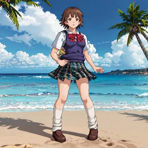<lora:Miharu_Hirano_Tekken-10:1>outdoor,beach,ocean,high quality,Masterpeace,Miharu_Hirano_Tekken, 1girl, solo, short hair, brown hair, brown eyes, bow, school uniform, plaid skirt, sweater vest, loose socks, full body,standing,hand on hip