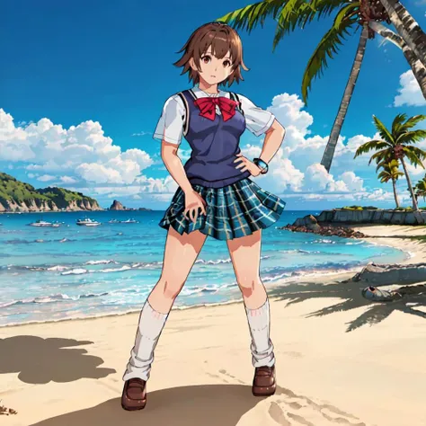 <lora:Miharu_Hirano_Tekken-10:1>outdoor,beach,ocean,high quality,Masterpeace,Miharu_Hirano_Tekken, 1girl, solo, short hair, brown hair, brown eyes, blue bow, school uniform, plaid skirt, blue sweater vest, loose socks, full body,standing,hand on hip