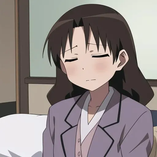 1girl, solo, portrait, yukari tanizaki, brown hair, brown eyes, blue jacket, white shirt, closed eyes, sleeping, in bed, indoors, <lora:YukariLoRA:0.7>