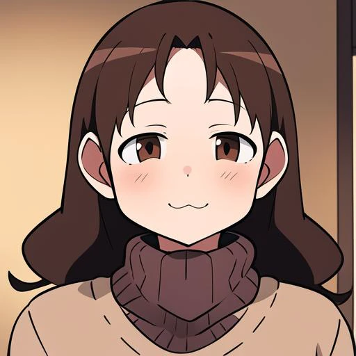 1girl, portrait, yukari tanizaki, brown hair, brown eyes, sweater, looking at viewer, closed eyes, (:3:1.0), indoors, <lora:YukariLoRA:0.6>