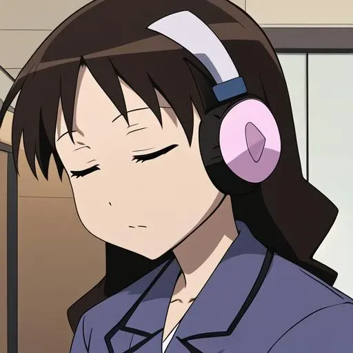1girl, solo, portrait, yukari tanizaki, brown hair, brown eyes, blue jacket, white shirt, closed eyes, headphones, listening to music, indoors, <lora:YukariLoRA:0.7>
