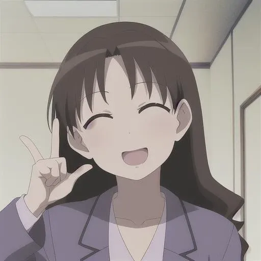 1girl, portrait, yukari tanizaki, brown hair, brown eyes, looking at viewer, blue jacket, white shirt, closed eyes, smile, open mouth, pointing up, indoors, <lora:YukariLoRA:0.7>