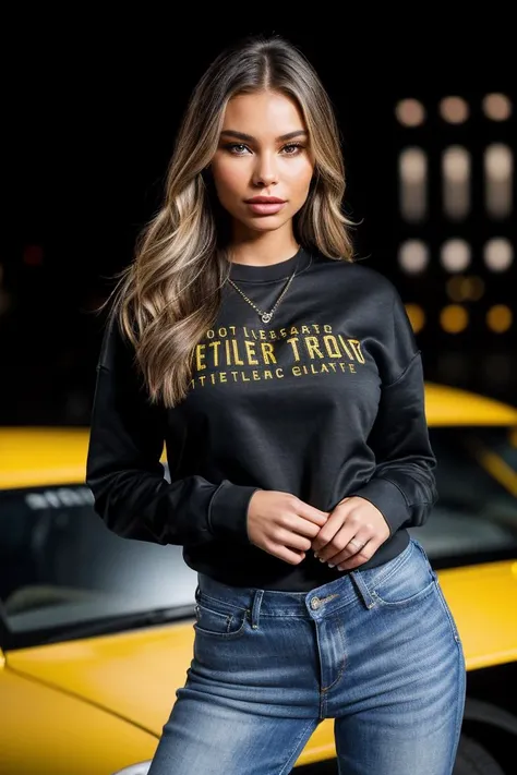 photo of fit (M0n1k4F0x-135:0.99), a beautiful woman, perfect hair, (modern photo), wearing a (crew neck sweatshirt:1.2) and jeans with jewelry, portrait, 85mm, (analog, cinematic, film grain:1.3), (Interstellar Trading Post, Marketplace with exotic goods, alien species, and diverse intergalactic cultures.), detailed eyes, professional pose, painted lips, (epiCPhoto), (looking at viewer:1.1), jewelry, (cinematic shot:1.3), (natural lighting, lit from above), <lora:add_detail:0.5>