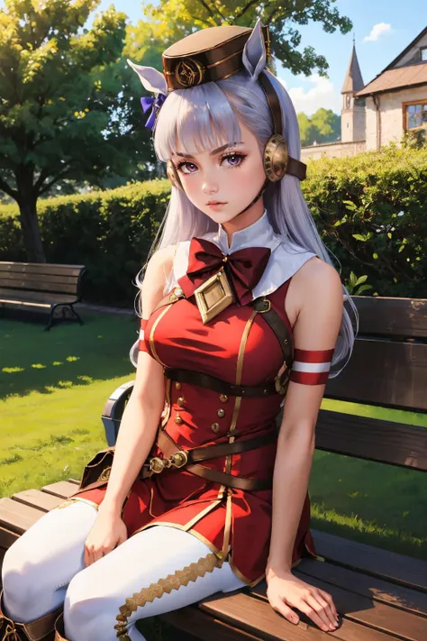 (masterpiece, best quality:1.2), umpdgoldship, expressionless, looking at viewer, sitting, bench, pillbox hat, v-shaped eyebrows, red dress, bow, sleeveless, white pantyhose, boots, horse tail, outdoors <lora:umamusume_goldship:1>