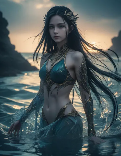 uma garota 18 anos cheia de tatuagens tribal, cabelo cacheado curto ,all wet with water, corpo molhado (( no banheiro em baixo do chuveiro)), seios grandes,cabelo azul molhado, body of water, Startled expression looking at the camera , vestido curto azul transparente, clima de tempestade chuvoso a noite,8k super realista