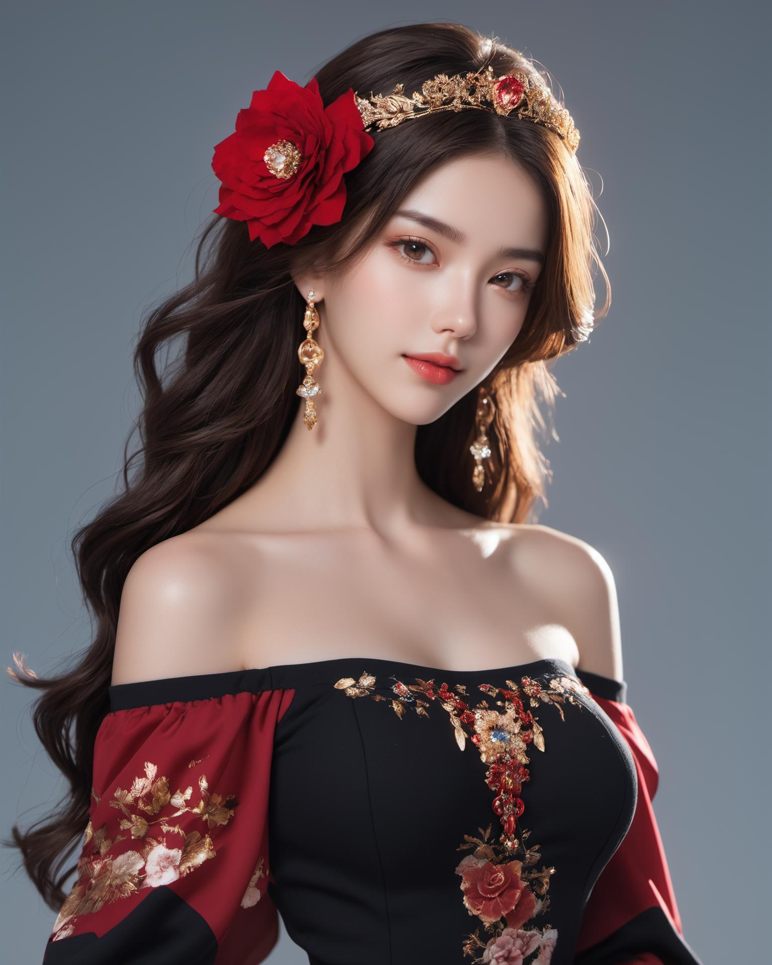 A woman wearing a black and red dress with flowers in her hair - SeaArt AI