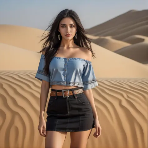 ultra wide angle shot,cinematic style,8k,RAW photo,photo-realistic,masterpiece,best quality,highres,extremely detailed,intricate details,absurdres resolution,High quality texture,detailed texture,vivid color,professional lighting,radiosity,photon mapping,physically-based rendering,High quality shadow,Ray tracing,perfect body,perfect face,Sony A7,extremely beautiful face,extremely beautiful eyes,1girl,denim miniskirt,miniskirt,belt,solo,navel,shirt,midriff,shirt,crop top,large breasts,(underboob:1.2),outdoors,street in Saudi Arabia, Arabic traditional cloth, desert full view of shiny sand mountains, sunny weather,(loose socks:1.1),bangs,long hair,full body,t-shirt,short sleeves,standing,footwear,(light smile:0.8),(gothic makeup:1.3),(dynamic pose:0.6),long hair,black hair blonde, black eyes