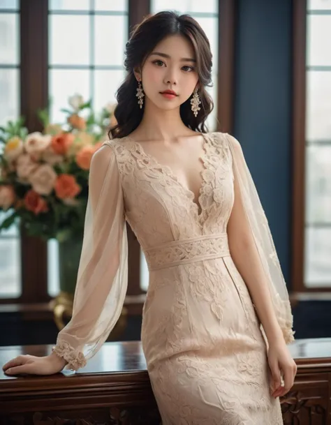Professional of photograph, a young woman like kanna hashimoto is wearing a lace beige cleavage dress in the art deco room with windows, portrait, best quality, masterpiece, official art, ultra high resolution, ultra detailed, (photo realistic:1.4), 8k, detailed beautiful face, detailed clothes