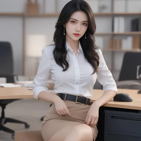 masterpiece,best quality,4k,insane details,intricate details,hyperdetailed,hyper quality,high detail,ultra high res,
realistic,Sony Alpha 1,cowboy shot,
xxmix_girl,
1girl,solo,secretary,white collared shirt,black pencil skirt,nude pantyhose,high heels,open neckline,black hair,hair up,
looking at viewer,upper body,
luxury modern office in background,