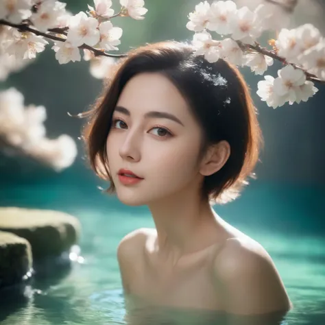 xxmix_girl, 1girl, 18 years old pretty gril with short hair and diving in water, japanese hot spring, waterfull,