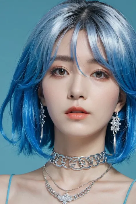 xxmix_girl,a woman with a blue wig and a silver necklace and a blue background
