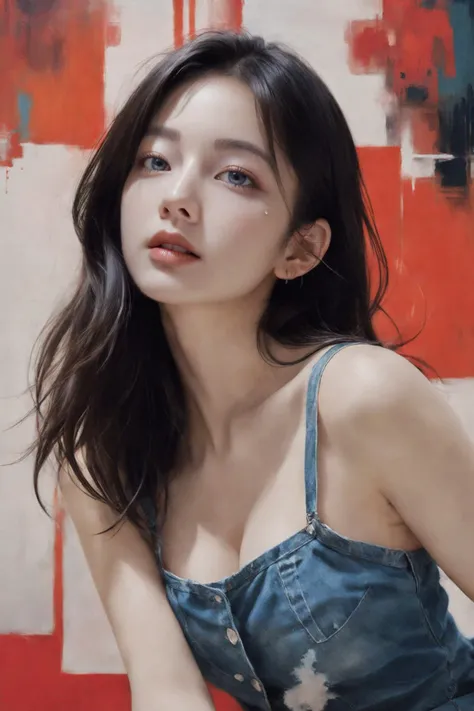 xxmix_gir,This portrayal features an exceptionally cute girl who engages with the viewer in a captivating manner. The artwork embodies the essence of brutalist design while incorporating vivid colors and elements of romanticism, drawing inspiration from renowned artists such as James Jean, Roby Dwi Antono, Ross Tran, Francis Bacon, Michal Mraz, Adrian Ghenie, Petra Cortright, Gerhard Richter, Takato Yamamoto, and Ashley Wood.
The atmosphere is imbued with an artistic depth, creating a sense of immersion. The composition includes an artistic representation of the ecstasy of musical notes, with streaming musical notes visibly adding to the overall charm and enchantment of the scene, sweet drop breasts ,top body nude, denim shorts, cleavage, sexy cutie, nsfw, 
<lora:jpn-girl_v1:0.7>