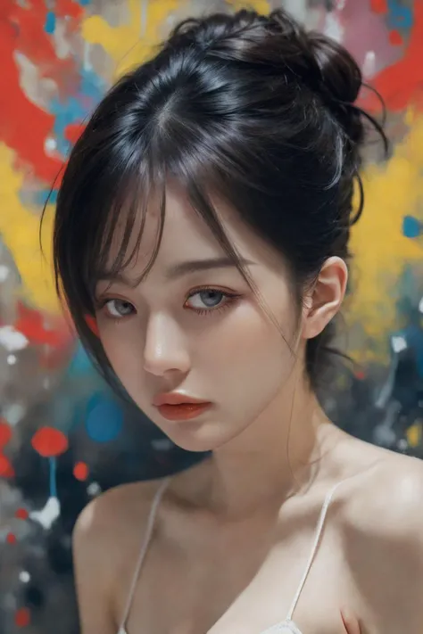 xxmix_gir,This portrayal features an exceptionally cute girl who engages with the viewer in a captivating manner. The artwork embodies the essence of brutalist design while incorporating vivid colors and elements of romanticism, drawing inspiration from renowned artists such as James Jean, Roby Dwi Antono, Ross Tran, Francis Bacon, Michal Mraz, Adrian Ghenie, Petra Cortright, Gerhard Richter, Takato Yamamoto, and Ashley Wood.
The atmosphere is imbued with an artistic depth, creating a sense of immersion. The composition includes an artistic representation of the ecstasy of musical notes, with streaming musical notes visibly adding to the overall charm and enchantment of the scene,sweet drop breasts ,open clothes, cleavage, sexy cutie, nsfw, <lora:jpn-girl_v1:0.7>