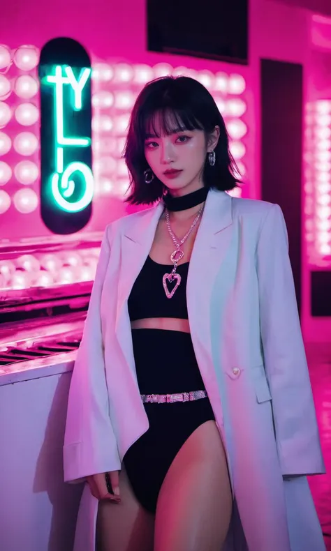 xxmixgirl, woman with a necklace and a necklace with a neon sign in the background, popular korean makeup, character album cover, dark psychedelia style, joy, promotional photoshoot, with a dark fringe, vogue cover style, promotional render, center parted curtain bangs