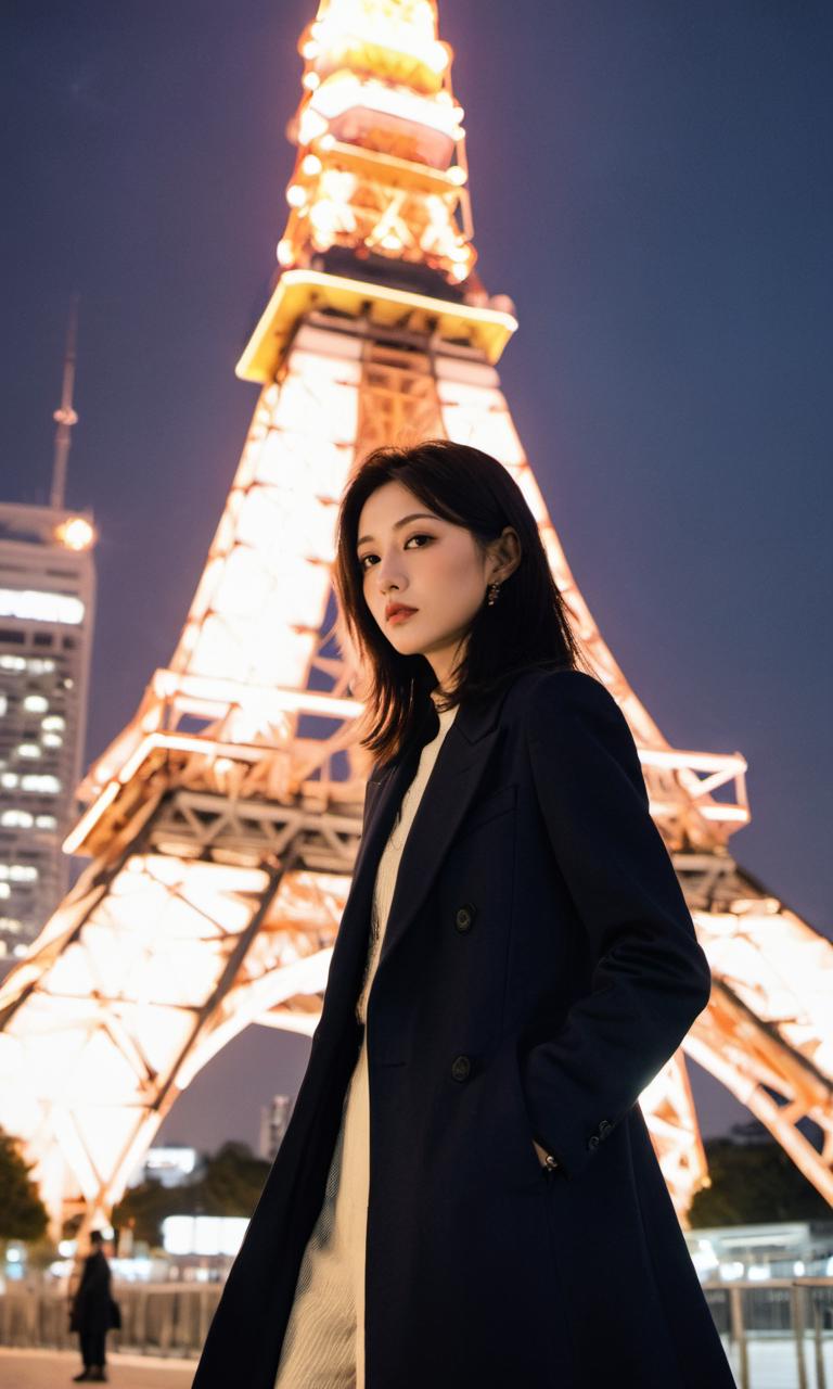 A woman in a black coat standing in front of the eiffel tower - SeaArt AI