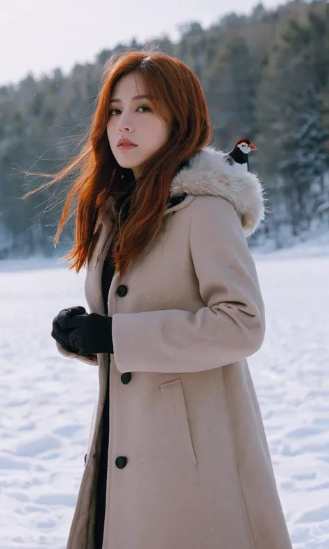 xxmixgirl,masterpiece,1girl, ratatatat74_style,outdoors, winter, winter coat, snow, red hair, very long hair, nose blush, steam, frozen lake, birds, looking at viewer, floating hair, wind, cupping hands,
