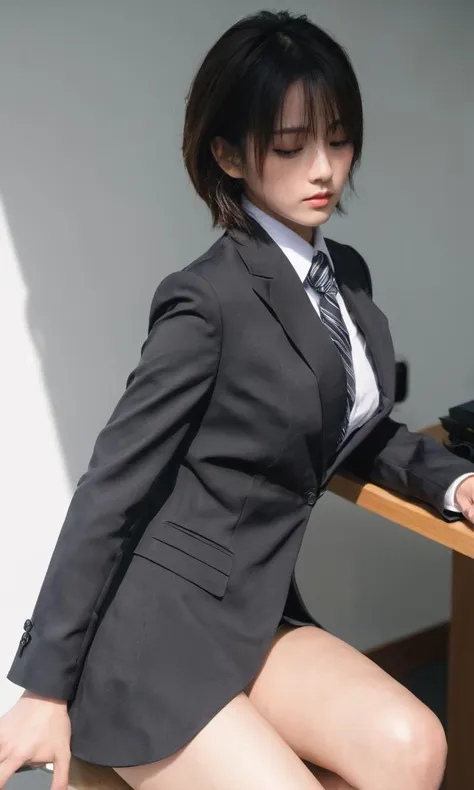 xxmixgirl,1girl, upper body office suit shadow Keith Negley anime realistic (masterpiece,best quality,niji style)